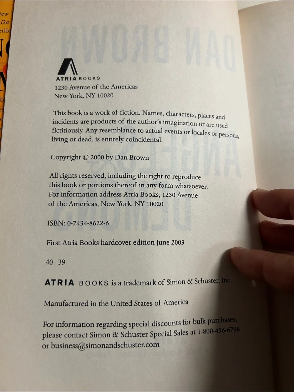 Angels & Demons - First Atria Books 1st edition Hardcover Edition used book